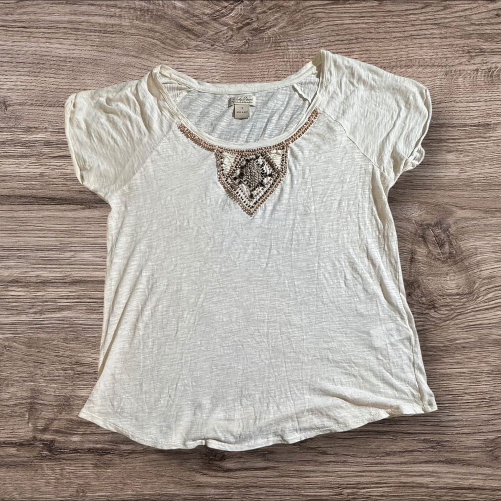 Lucky Brand Ivory Short Sleeve Top‎ with Embellished Neckline